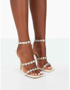 Tilly Off White Satin Sparkly Diamante Strappy Square Toe Heels