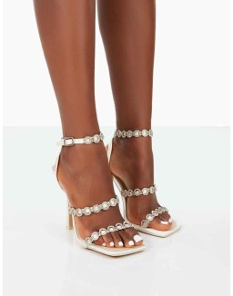 Tilly Off White Satin Sparkly Diamante Strappy Square Toe Heels