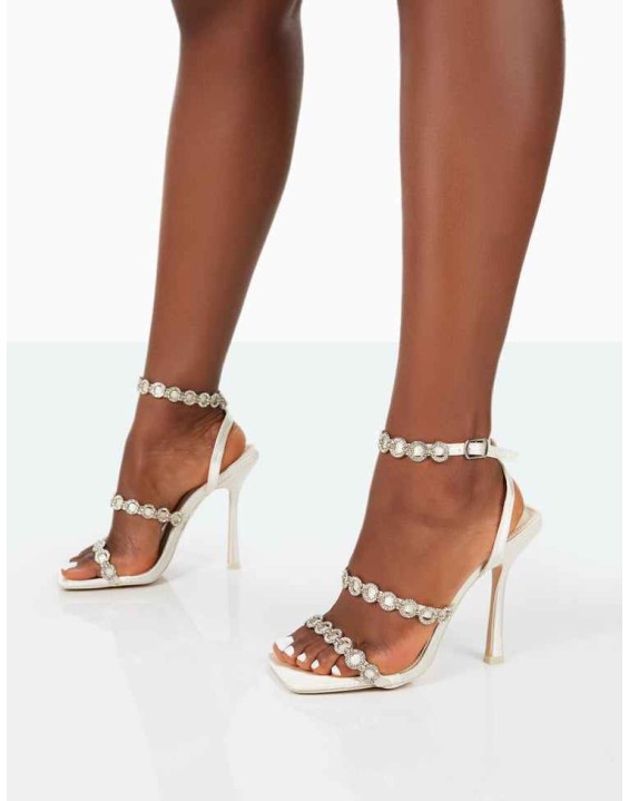Tilly Off White Satin Sparkly Diamante Strappy Square Toe Heels