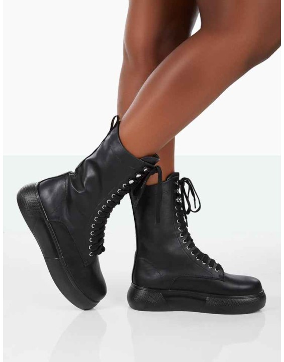 Travis Black Pu Lace Up Chunky Sole Boots