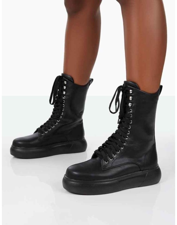 Travis Black Pu Lace Up Chunky Sole Boots