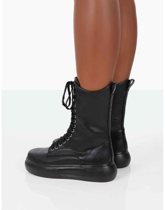 Travis Black Pu Lace Up Chunky Sole Boots