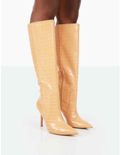 Best Believe Caramel Croc Pointed Toe Heeled Knee High Boots