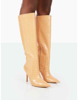 Best Believe Caramel Croc Pointed Toe Heeled Knee High Boots