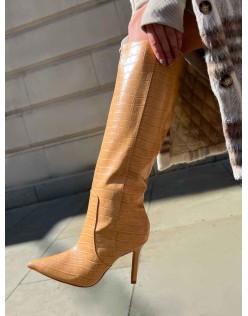 Best Believe Caramel Croc Pointed Toe Heeled Knee High Boots