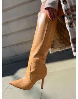 Best Believe Caramel Croc Pointed Toe Heeled Knee High Boots