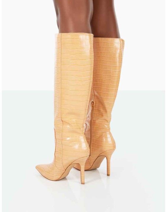Best Believe Caramel Croc Pointed Toe Heeled Knee High Boots
