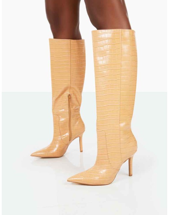 Best Believe Caramel Croc Pointed Toe Heeled Knee High Boots