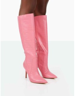 Best Believe Pink Croc Pointed Toe Heeled Stiletto Knee High Boots