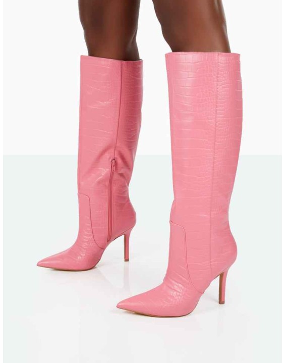 Best Believe Pink Croc Pointed Toe Heeled Stiletto Knee High Boots