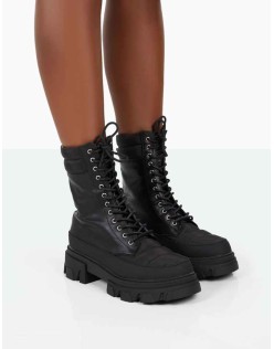 Refresh Black Pu Nylon Lace Up Ankle Boots