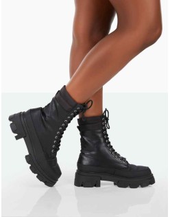 Refresh Black Pu Nylon Lace Up Ankle Boots