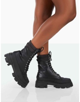 Refresh Black Pu Nylon Lace Up Ankle Boots
