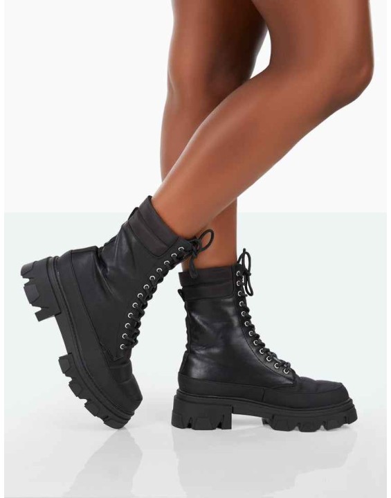 Refresh Black Pu Nylon Lace Up Ankle Boots