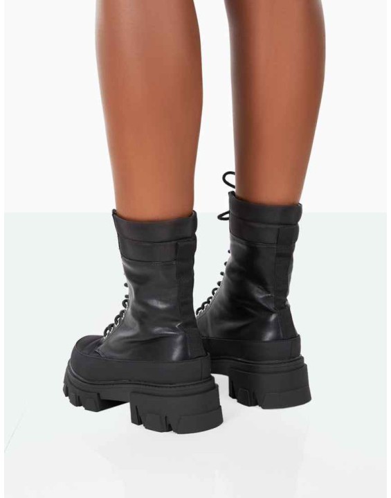 Refresh Black Pu Nylon Lace Up Ankle Boots