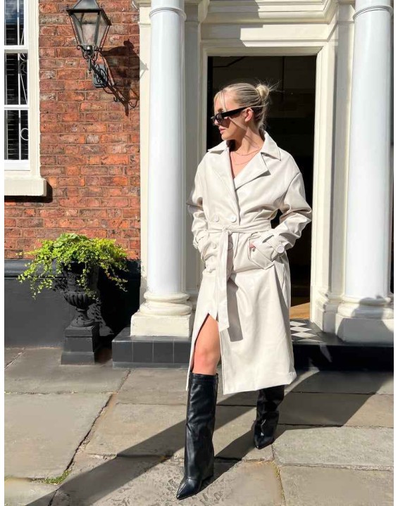 Longline PU Belted Ecru Trench