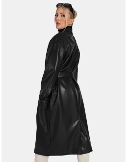 Longline Pu Belted Black Trench