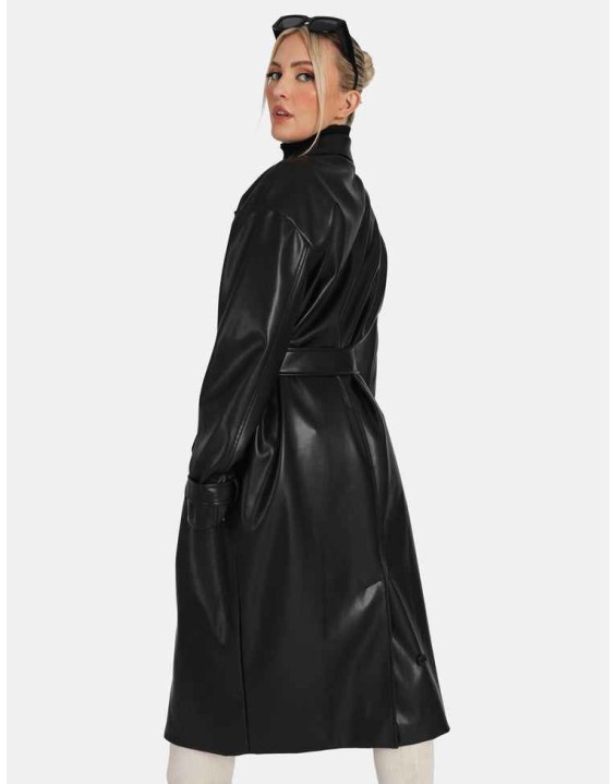 Longline Pu Belted Black Trench