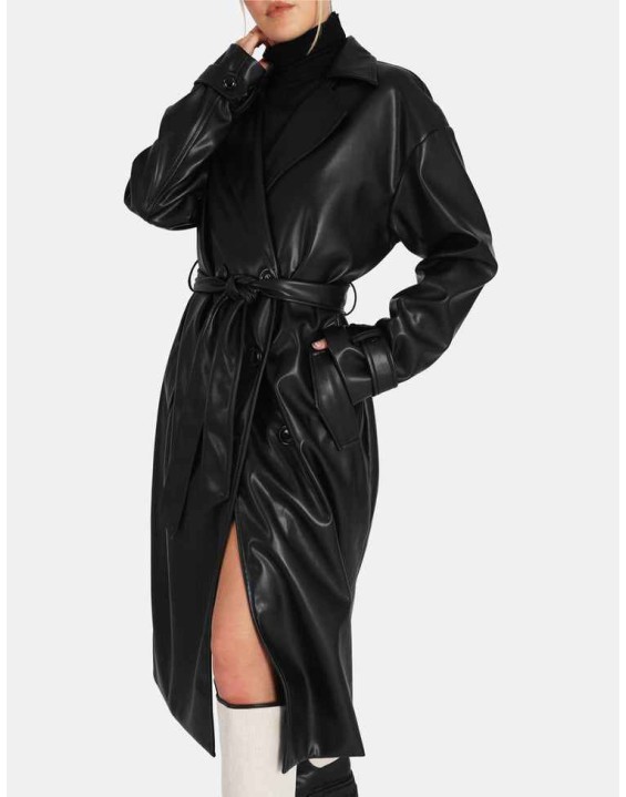 Longline Pu Belted Black Trench