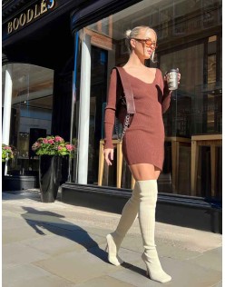 Knitted Off Shoulder Mini Dress Chocolate