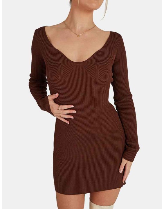 Knitted Off Shoulder Mini Dress Chocolate