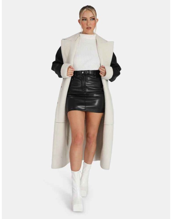 High Neck Contrast Stitch Ribbed Knitted Oversized Jumper Ivory