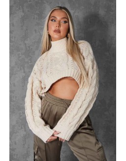 ROLL NECK CROPPED CABLE KNITTED JUMPER STONE