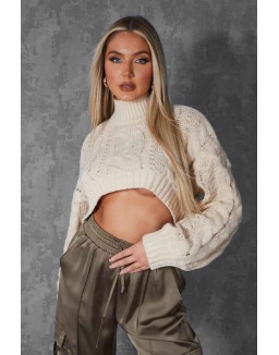 ROLL NECK CROPPED CABLE KNITTED JUMPER STONE