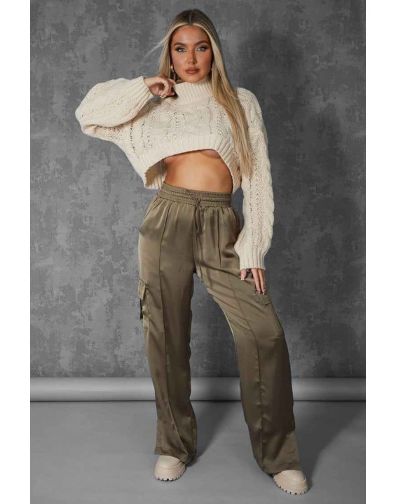 ROLL NECK CROPPED CABLE KNITTED JUMPER STONE