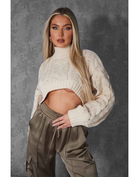 ROLL NECK CROPPED CABLE KNITTED JUMPER STONE