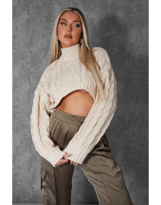 ROLL NECK CROPPED CABLE KNITTED JUMPER STONE