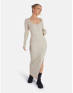 KNITTED OFF SHOULDER MIDI DRESS OATMEAL MARL