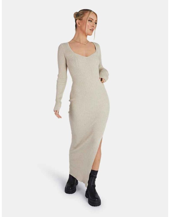 KNITTED OFF SHOULDER MIDI DRESS OATMEAL MARL