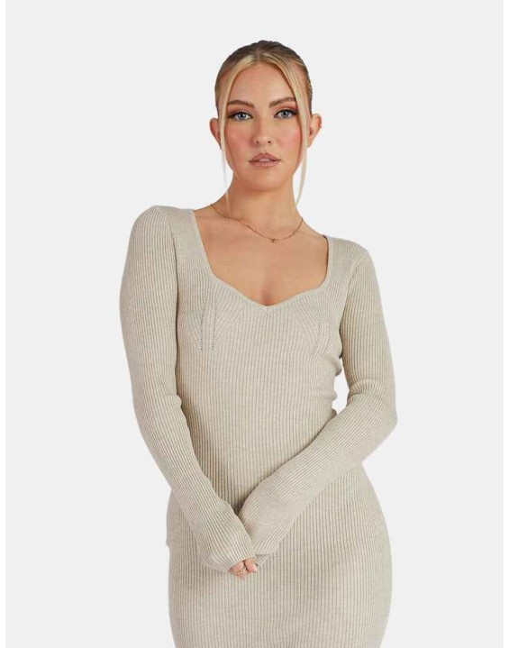 KNITTED OFF SHOULDER MIDI DRESS OATMEAL MARL