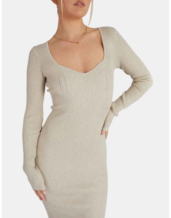 KNITTED OFF SHOULDER MIDI DRESS OATMEAL MARL