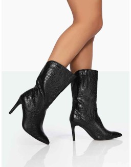 Lisel Wide Fit Black Croc PU Pointed Toe Stiletto Heeled Ankle Boots