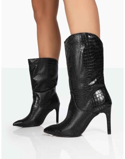 Lisel Wide Fit Black Croc PU Pointed Toe Stiletto Heeled Ankle Boots