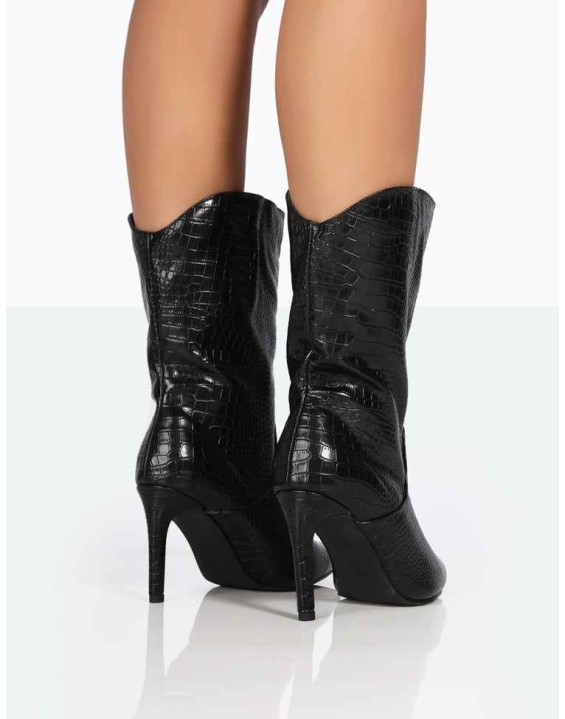 Lisel Wide Fit Black Croc PU Pointed Toe Stiletto Heeled Ankle Boots