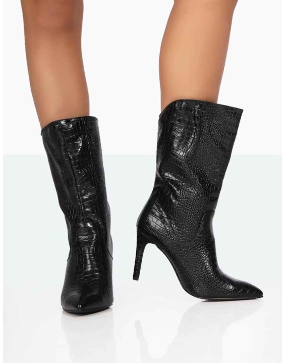 Lisel Wide Fit Black Croc PU Pointed Toe Stiletto Heeled Ankle Boots