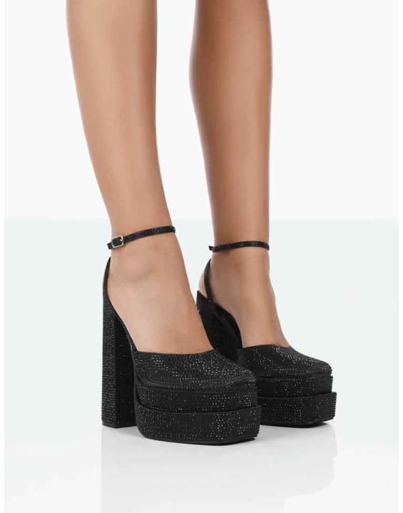 Moonchild Black Sparkly Diamanté Satin Closed Toe Statement Platform Block Heels