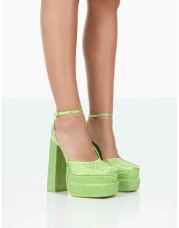Moonchild Lime Sparkly Diamanté Satin Closed Toe Statement Platform Block Heels