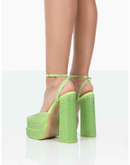 Moonchild Lime Sparkly Diamanté Satin Closed Toe Statement Platform Block Heels