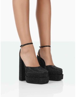Moonchild Wide Fit Black Sparkly Diamanté Satin Closed Toe Statement Platform Block Heels