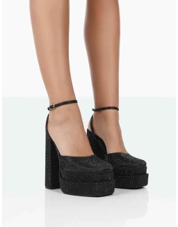 Moonchild Wide Fit Black Sparkly Diamanté Satin Closed Toe Statement Platform Block Heels