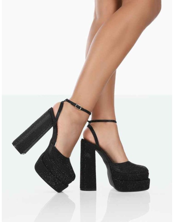 Moonchild Wide Fit Black Sparkly Diamanté Satin Closed Toe Statement Platform Block Heels