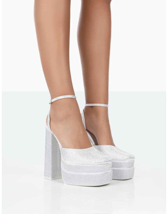 Moonchild Wide Fit White Diamanté Satin Closed Toe Statement Platform Block Heels