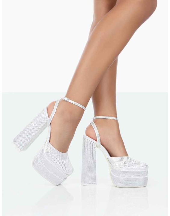 Moonchild Wide Fit White Diamanté Satin Closed Toe Statement Platform Block Heels