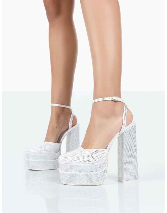 Moonchild Wide Fit White Diamanté Satin Closed Toe Statement Platform Block Heels
