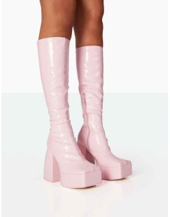 Heartbeat Pink Patent PU Chunky Square Toe Platform Block Knee High Boots