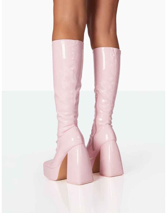 Heartbeat Pink Patent PU Chunky Square Toe Platform Block Knee High Boots